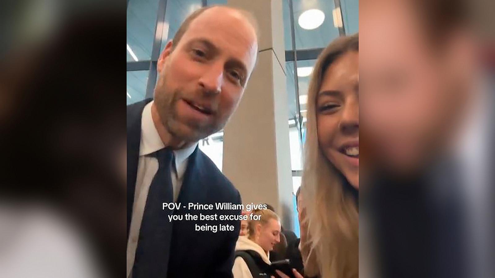 PHOTO: Samantha Johnson shared a video on TikTok of Prince William excusing her for being late to a lecture due to his visit to Ulster University, Nov. 14, 2024.