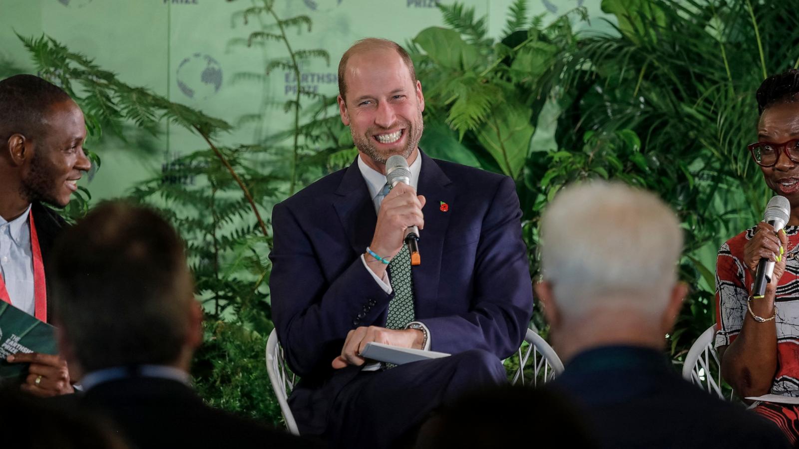 PHOTO: Earthshot Prize Youth Programme member A'aron John, left, Earthshot Prize Trustee 'Tokunboh Ishmael, right, and Britain's Prince William, Prince of Wales, take part in a panel discussion at Earthshot+ in Cape Town, Nov. 5, 2024.