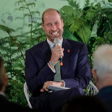 PHOTO: Earthshot Prize Youth Programme member A'aron John, left, Earthshot Prize Trustee 'Tokunboh Ishmael, right, and Britain's Prince William, Prince of Wales, take part in a panel discussion at Earthshot+ in Cape Town, Nov. 5, 2024. 