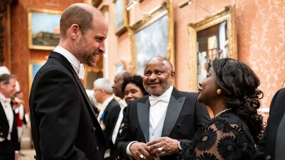 PHOTO: Prince William, Prince of Wales speaks to guests during the Diplomatic Corps reception at Buckingham Palace, Nov. 19, 2024, in London.