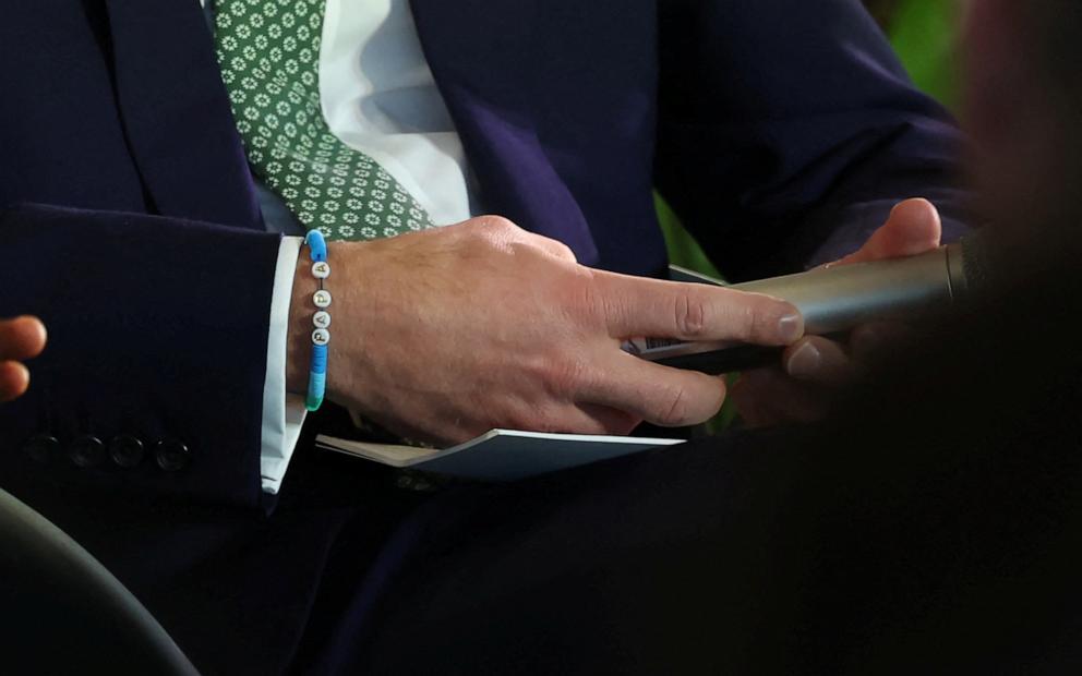 PHOTO: Britain's Prince William wears a bracelet saying PAPA, made for him by his daughter, Princess Charlotte, as he takes part in a panel discussion during the Earthshot+ event in Cape Town, Nov. 5, 2024. 