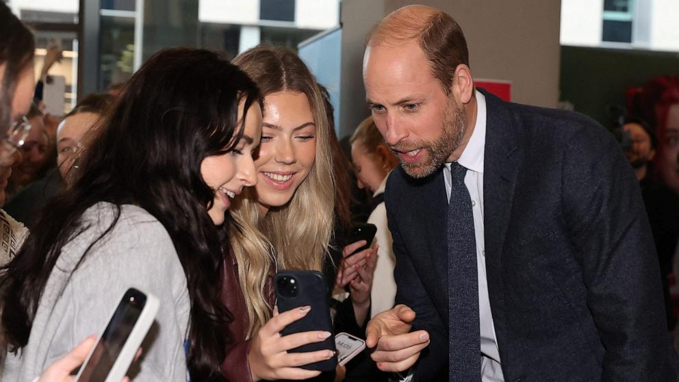 PHOTO: The Prince of Wales records a video message with Samantha Johnson during his visit to Ulster University's Belfast City Campus Centre, Nov. 14, 2024. 