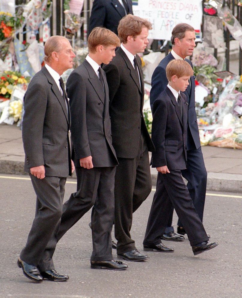 PHOTO: The Duke of Edinburgh, Prince William, Earl Spencer, Prince Harry and the Prince of Wales follow the coffin of Diana, Princess of Wales, to Westminster Abbey for her funeral service on Sept. 6, 1997, in London.