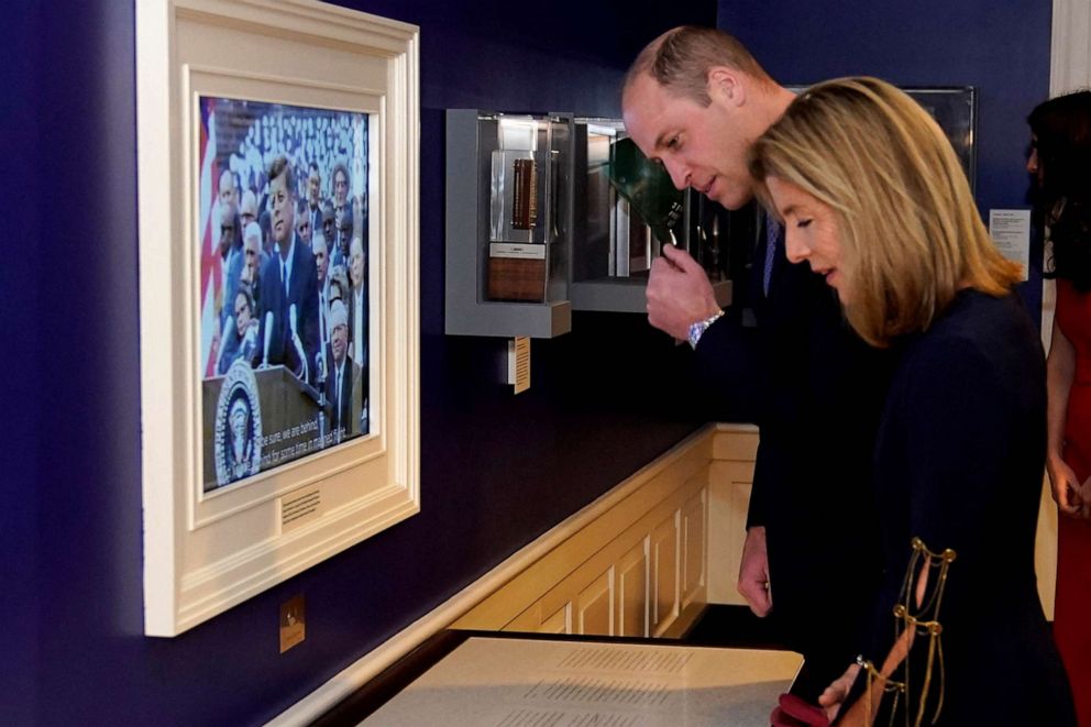 PHOTO: Britain's Prince William, Prince of Wales, and U.S. Ambassador to Australia Caroline Kennedy, daughter of late U.S. President Kennedy, tour a space exhibit the John F. Kennedy Presidential Library, in Boston, Dec. 2, 2022.