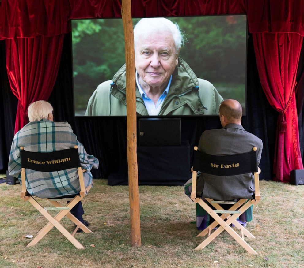 PHOTO: British Naturalist Sir David Attenborough sits with Prince William for a private outdoor screening of his upcoming film, David Attenborough: A Life On Our Planet, at Kensington Palace, London.