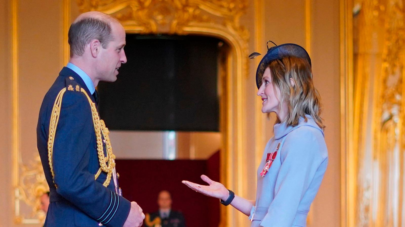 PHOTO: Britain's Prince William, the Prince of Wales, left, awards Mrs Ellen Convery (Ellen White), former soccer player, with the Commander of the Order of the British Empire, at Windsor Castle, Windsor, England, Feb. 7, 2024.