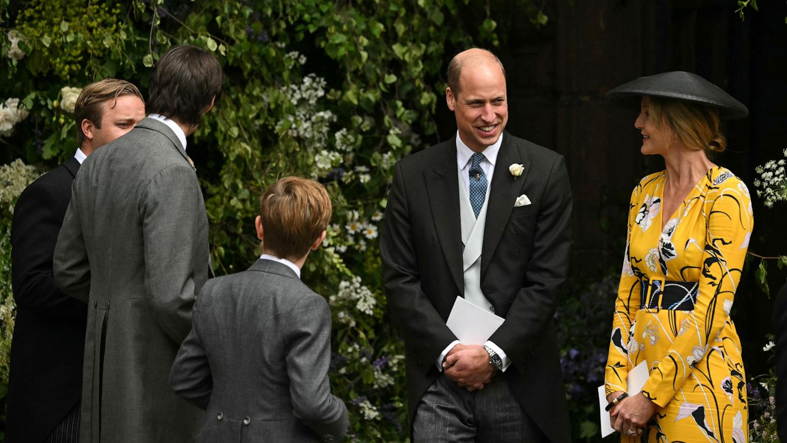 PHOTO: Britain's Prince William, Prince of Wales (2R) mingles with guests after attending the wedding service of Hugh Grosvenor, Duke of Westminster and Olivia Henson, at Chester Cathedral in Chester, northern England on June 7, 2024.