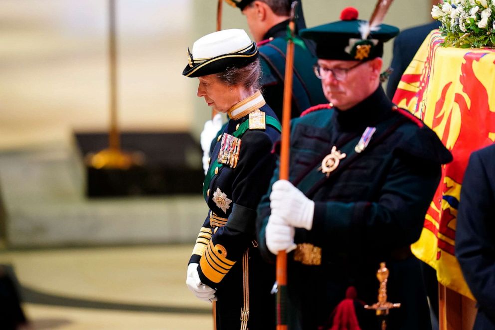 PHOTO: Britain's Princess Anne and other members of the royal family hold a vigil at the coffin of Queen Elizabeth II, at St Giles' Cathedral, Edinburgh, Scotland, on Sept. 12, 2022.