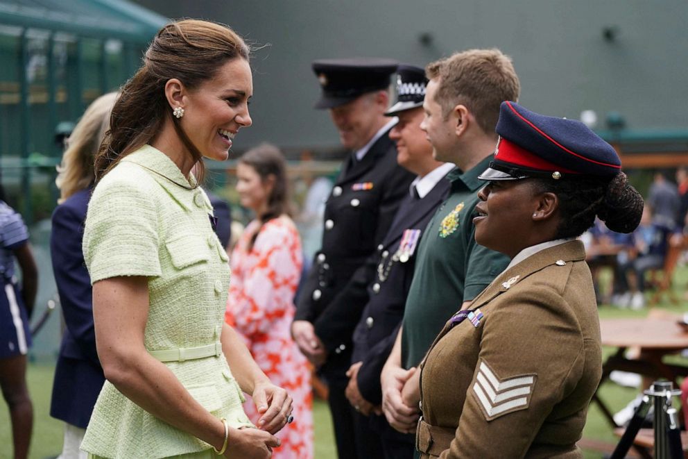 PHOTO: The Princess of Wales speaks to Sgt Loreen Vimbainashe Siaga of the British Army on day thirteen of the 2023 Wimbledon Championships at the All England Lawn Tennis and Croquet Club in Wimbledon, England, on July 15, 2023.