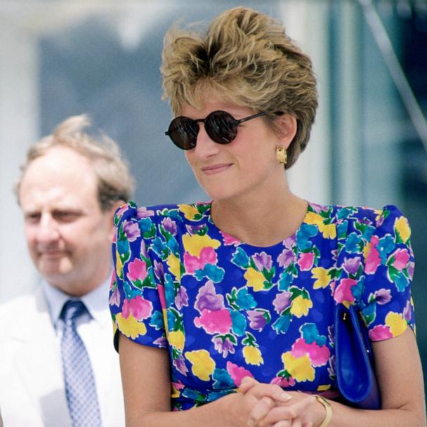 Princess Diana wears a dress designed by fashion designers Bellville Sassoon as she visits, Seville, Spain with Prince Charles, May 21, 1992.