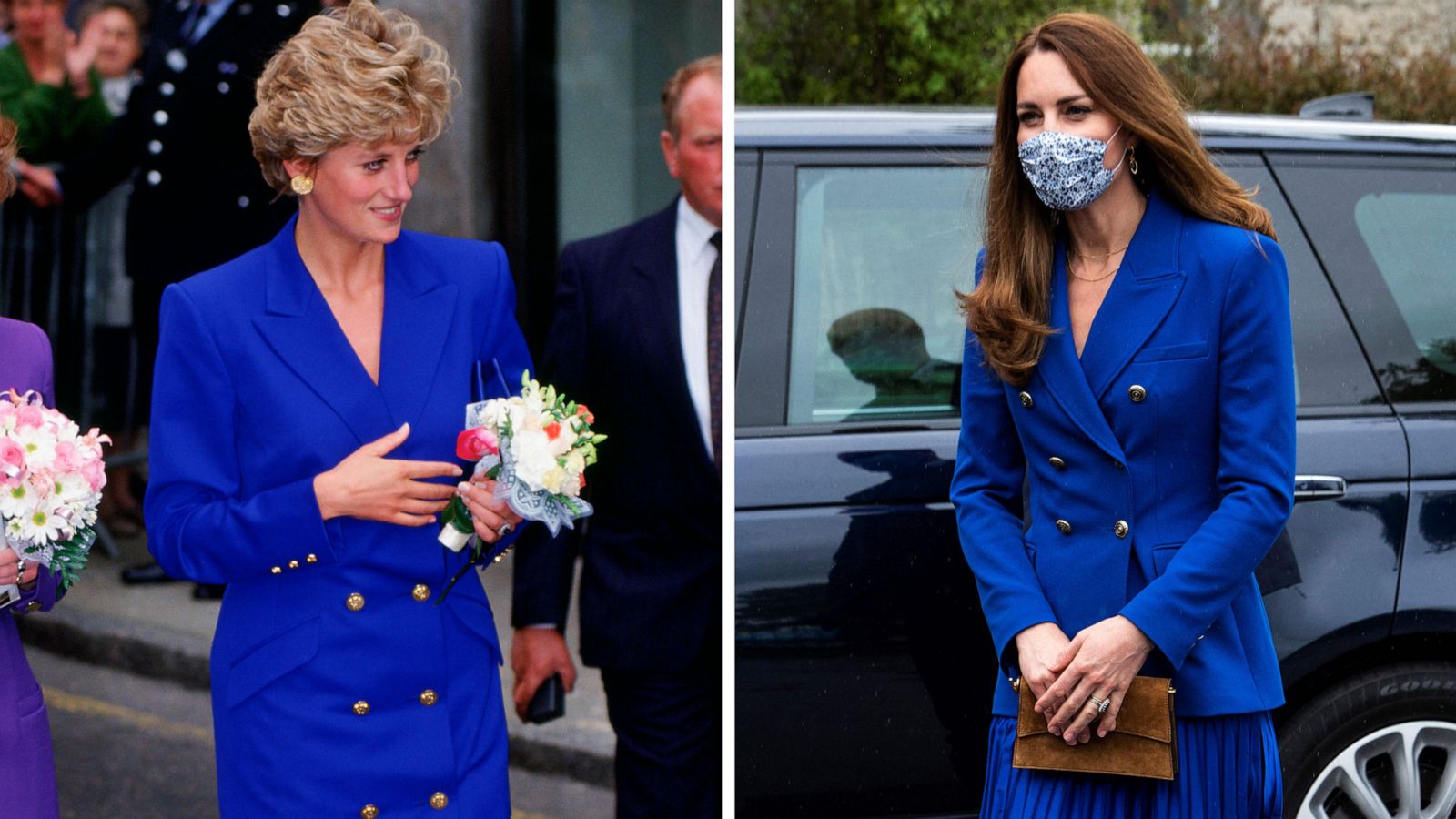 PHOTO: Diana, Princess of Wales appears in Nottingham, England, Sept. 9, 1992, and Britain's Catherine, Duchess of Cambridge, visits Scotland on May 24, 2021.