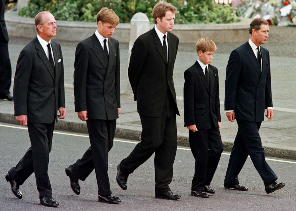 PHOTO: Prince Philip, Duke of Edinburgh, Prince William, Earl Spencer, Prince Harry and Prince Charles, Prince of Wales walk outside Westminster Abbey during the funeral service for Diana, Princess of Wales, Sept. 6, 1997.