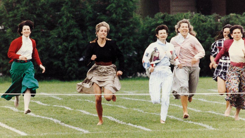 PHOTO: Princess Diana runs in the mother's race on Sport's Day at Prince Harry's school on June 11, 1991.