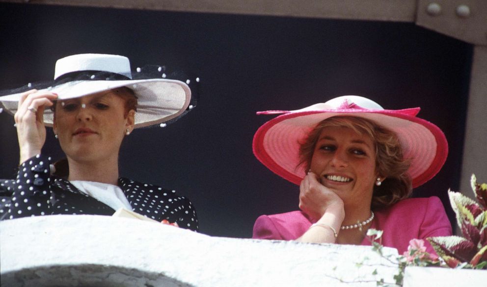 PHOTO: In this June 3, 1987, file photo, Sarah, The Duchess of York and Diana, the Princess of Wales attend Derby Day at Epsom Downs Racecourse in Epsom, Surrey, England.