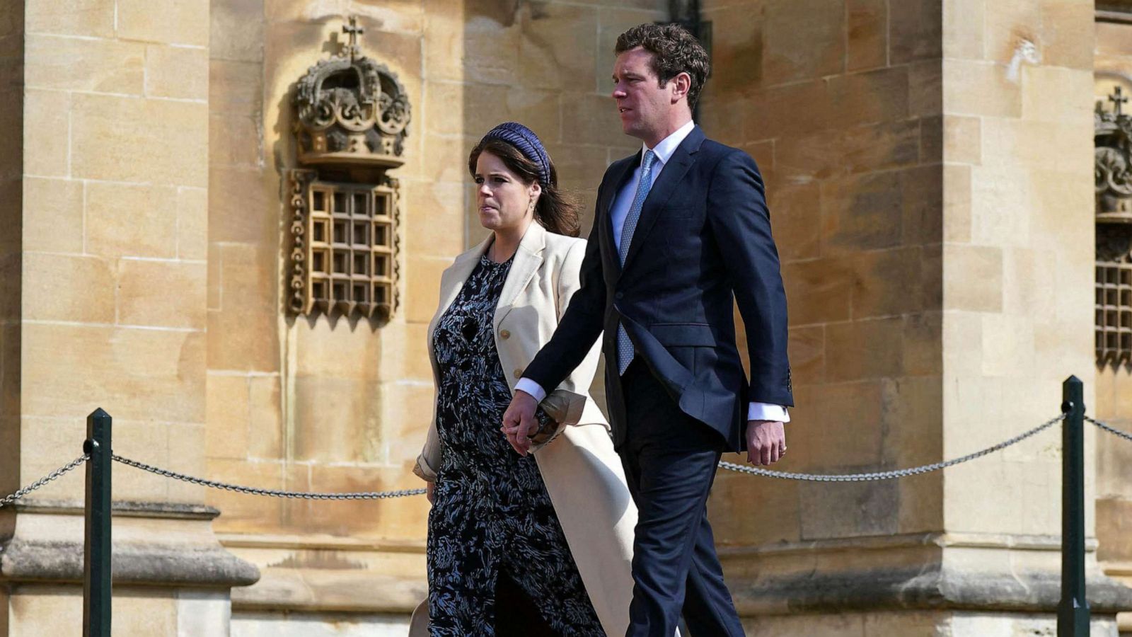 PHOTO: FILE - Britain's Princess Eugenie of York and her husband Jack Brooksbank arrive for the Easter Mattins Service at St. George's Chapel, Windsor Castle, April 9, 2023.