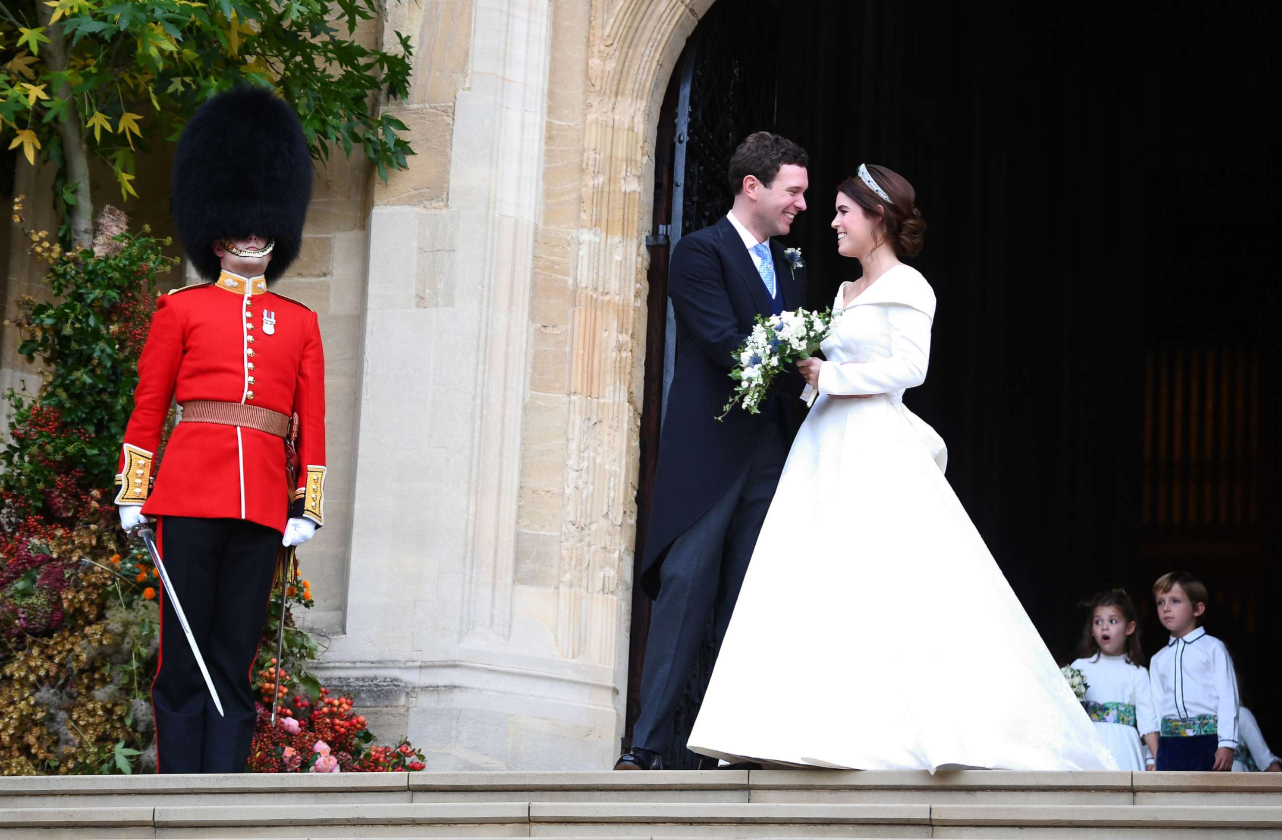 Princess Eugenie and her new husband Jack Brooksbank leave St George's Chapel in Windsor Castle following their wedding, Oct. 12, 2018, Windsor, U.K.