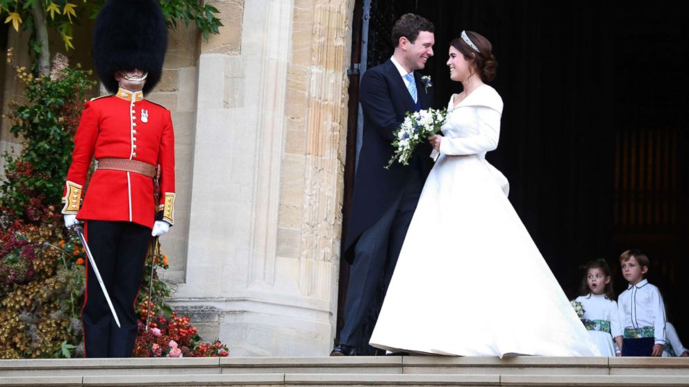 Princess Eugenie and her new husband Jack Brooksbank leave St George's Chapel in Windsor Castle following their wedding, Oct. 12, 2018, Windsor, U.K.