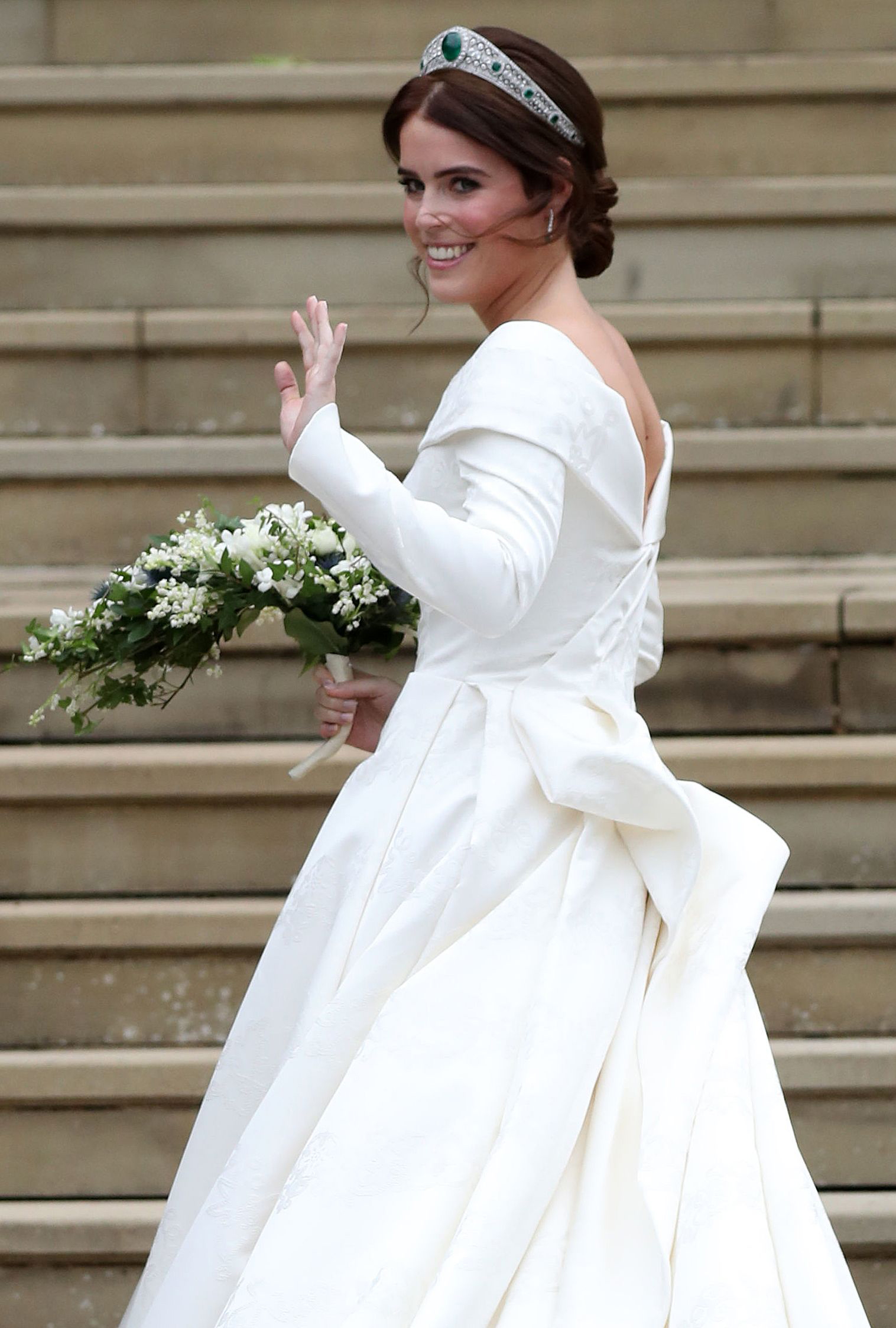 PHOTO: Britain's Princess Eugenie of York at the West Door of St George's Chapel, Windsor Castle, in Windsor, Oct. 12, 2018, for her wedding to Jack Brooksbank.