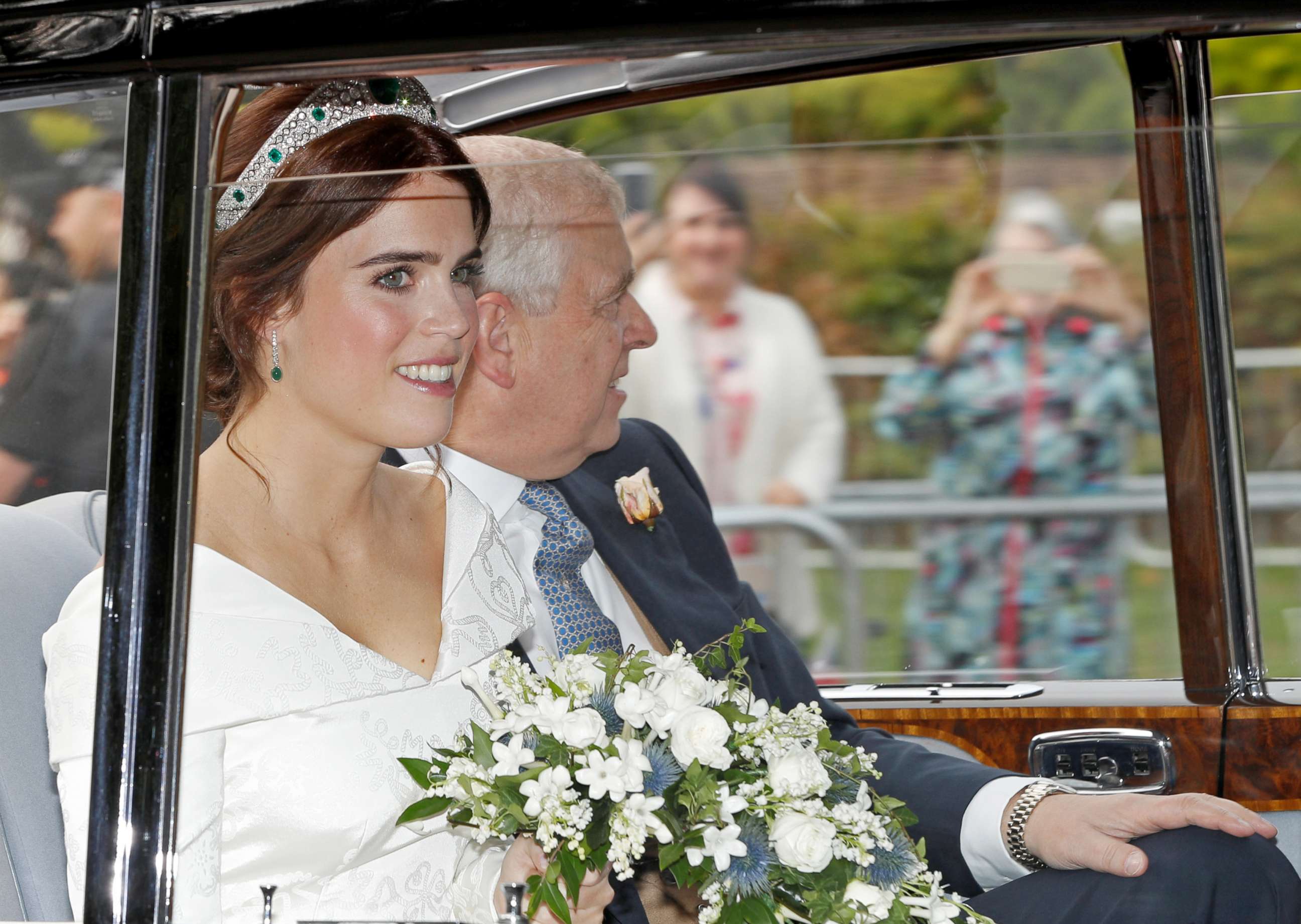 PHOTO: Princess Eugenie is driven towards St George's Chapel with her father Prince Andrew, Duke of York, for her wedding to Jack Brooksbank at Windsor Castle, Oct. 12, 2018.