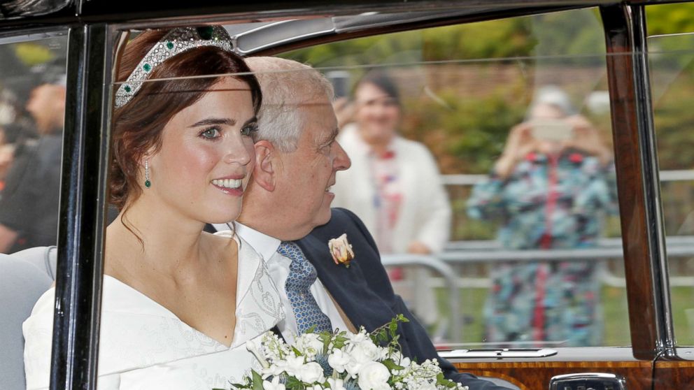 PHOTO: Princess Eugenie is driven towards St George's Chapel with her father Prince Andrew, Duke of York, for her wedding to Jack Brooksbank at Windsor Castle, Oct. 12, 2018.