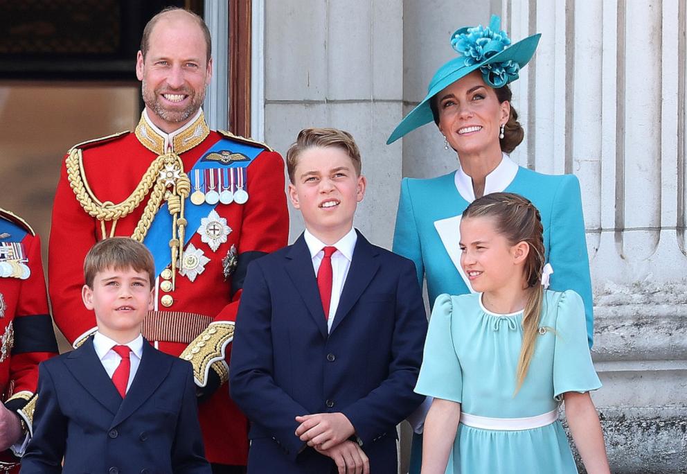PHOTO: Queen Camilla, King Charles III, Prince Louis of Wales, Prince William, Prince of Wales, Prince George of Wales, Princess Charlotte of Wales and Catherine, Princess of Wales at Buckingham Palace, June 14, 2025 in London.