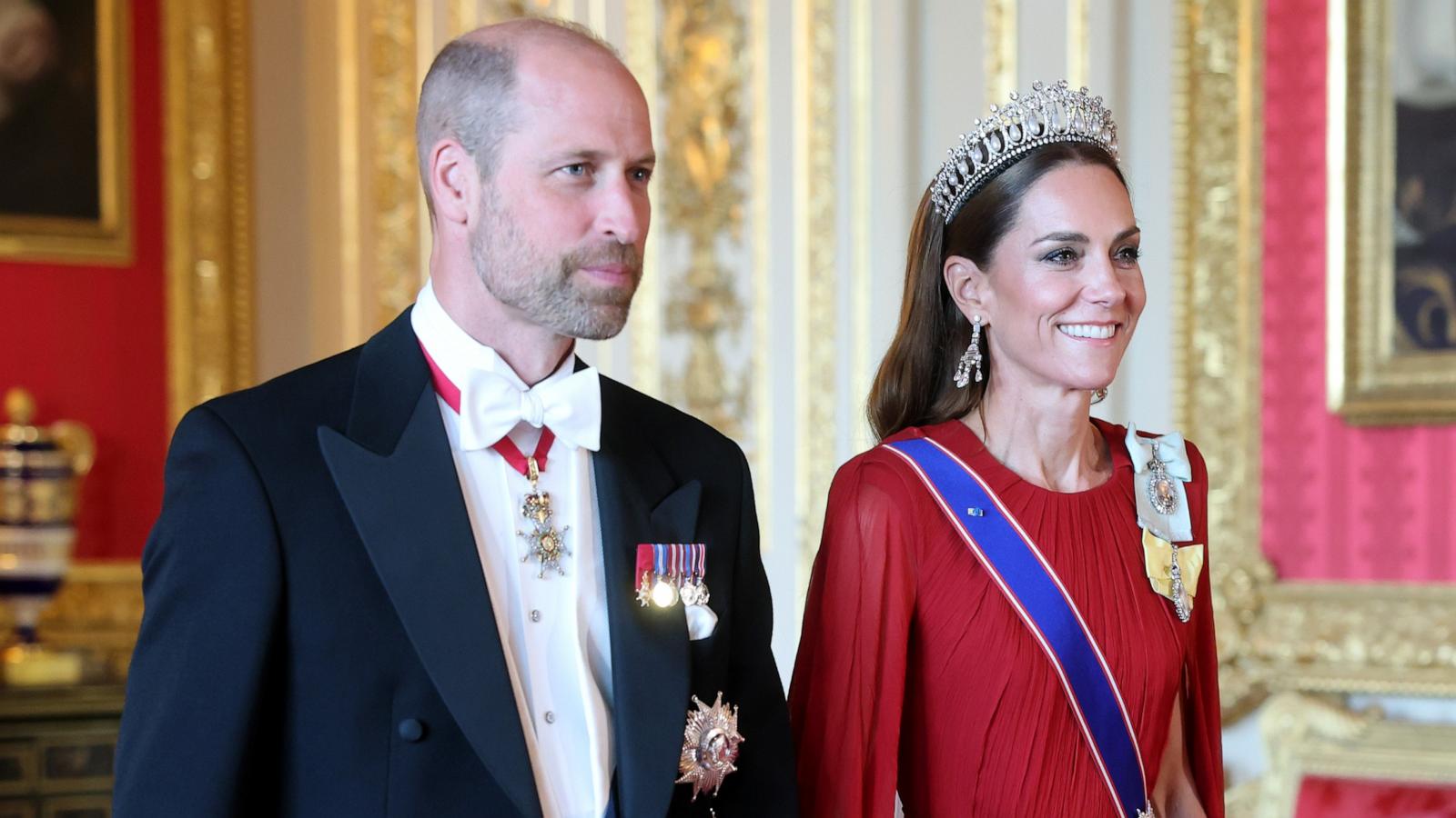 Prince William, Prince of Wales and Catherine, Princess of Wales arrive for the State Banquet for President of France Emmanuel Macron and his wife Brigitte Macron, at Windsor Castle, July 8, 2025 in Windsor, England. 