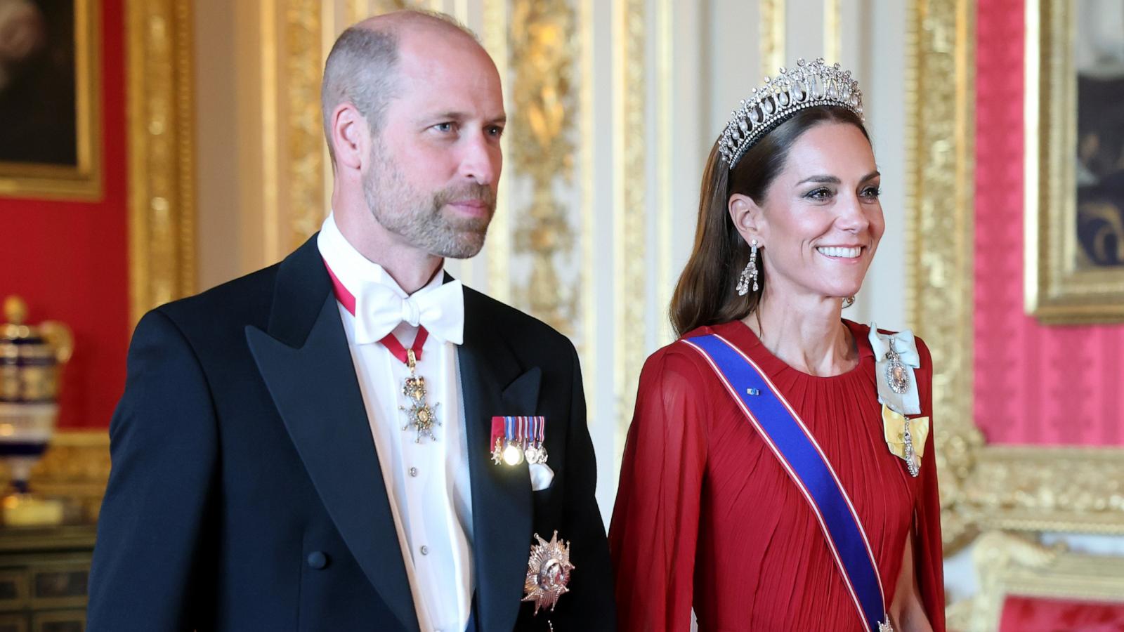 PHOTO: Prince William, Prince of Wales and Catherine, Princess of Wales arrive for the State Banquet for President of France Emmanuel Macron and his wife Brigitte Macron, at Windsor Castle, July 8, 2025 in Windsor, England.