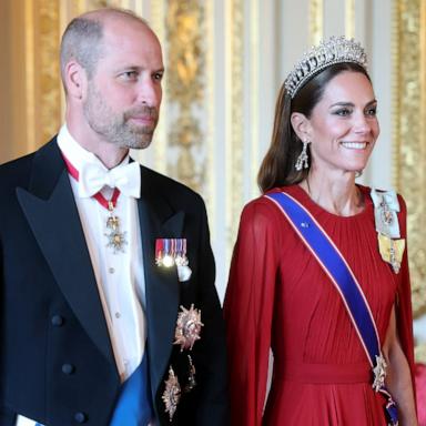 PHOTO: Prince William, Prince of Wales and Catherine, Princess of Wales arrive for the State Banquet for President of France Emmanuel Macron and his wife Brigitte Macron, at Windsor Castle, July 8, 2025 in Windsor, England. 
