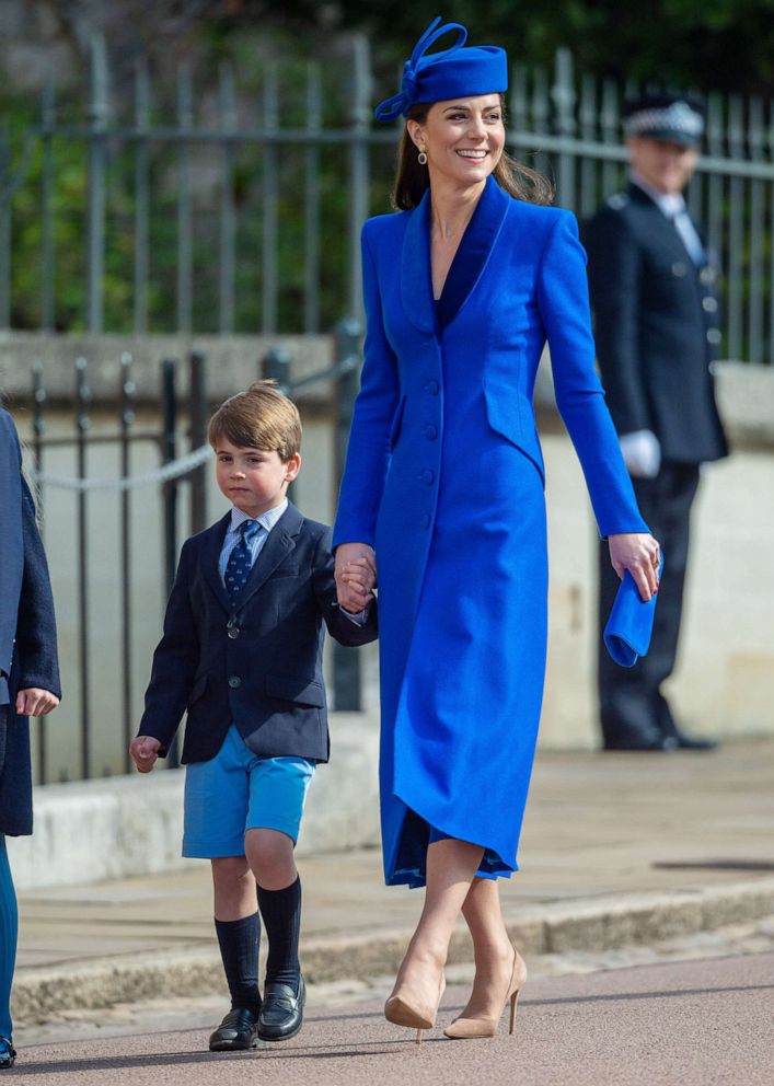 PHOTO: Catherine, Princess of Wales and Prince Louis of Wales attend the Easter Mattins Service at Windsor Castle on April 9, 2023 in Windsor, England.