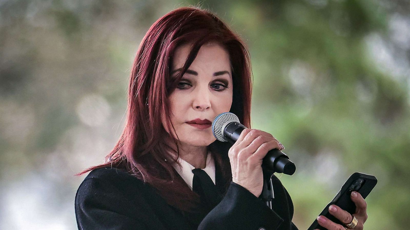 PHOTO: Priscilla Presley speaks during a memorial service for her daughter, Lisa Marie Presley, at Graceland in Memphis, Tenn., Jan. 22, 2023.