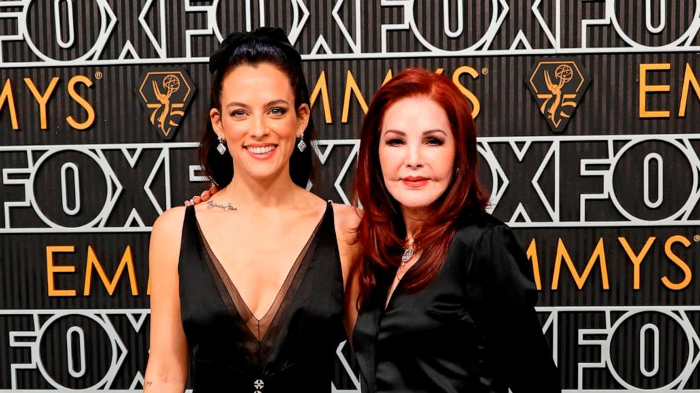 PHOTO: Riley Keough, left, and Priscilla Presley attends the 75th Primetime Emmy Awards at Peacock Theater, Jan. 15, 2024, in Los Angeles.