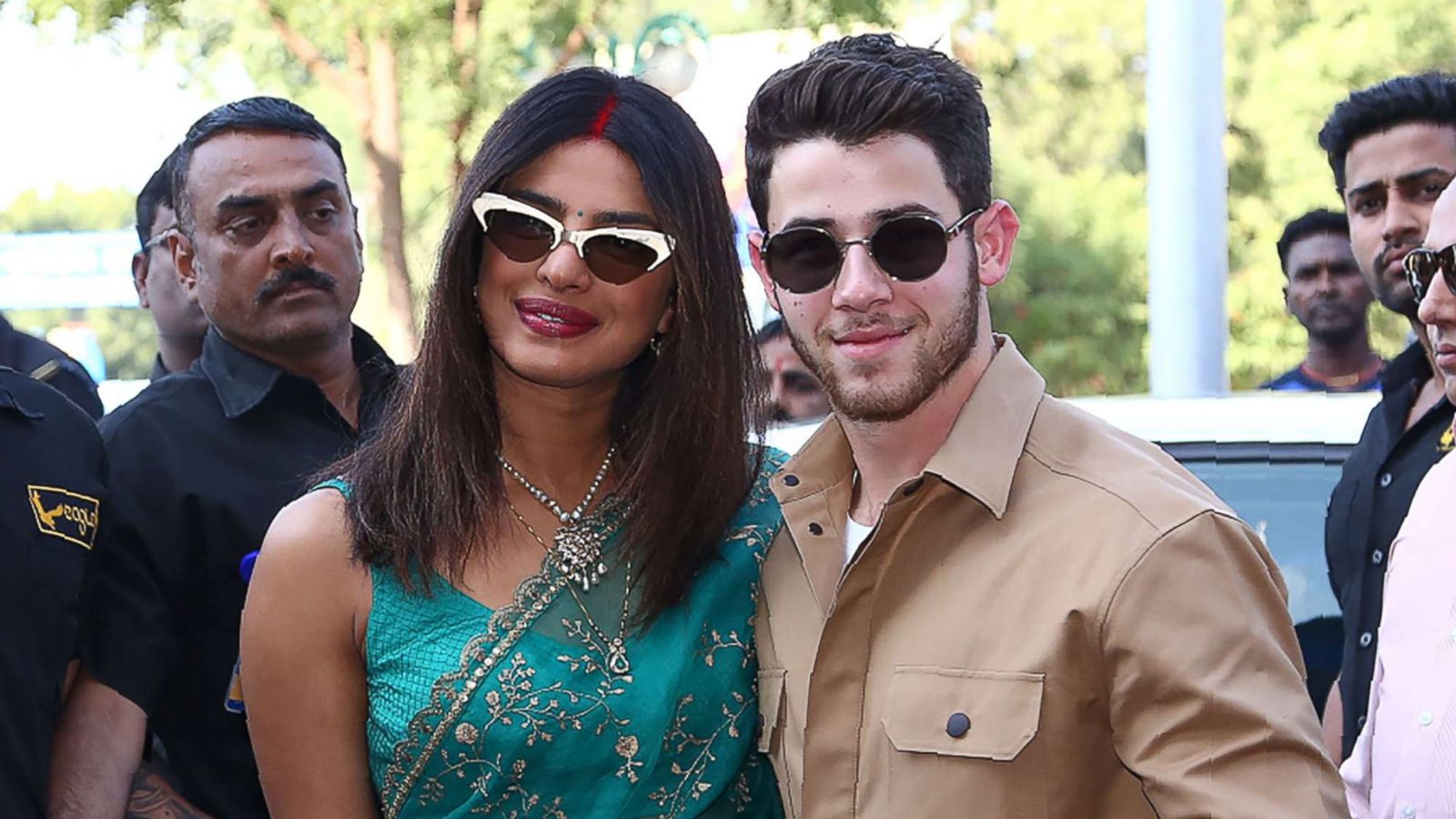 PHOTO: Priyanka Chopra and Nick Jonas pose as they leave after their wedding ceremony in Jodhpur in the western Indian state of Rajasthan, Dec. 3, 2018.