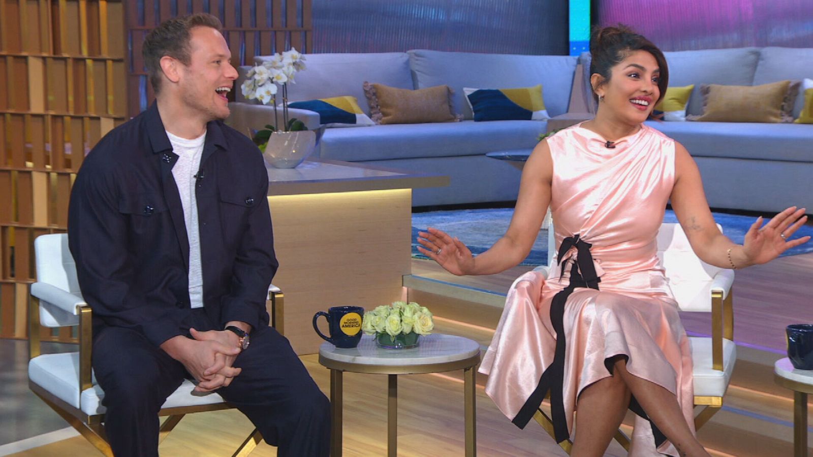 PHOTO: Sam Heughan and Priyanka Chopra Jonas appear on Good Morning America, May 4, 2023.