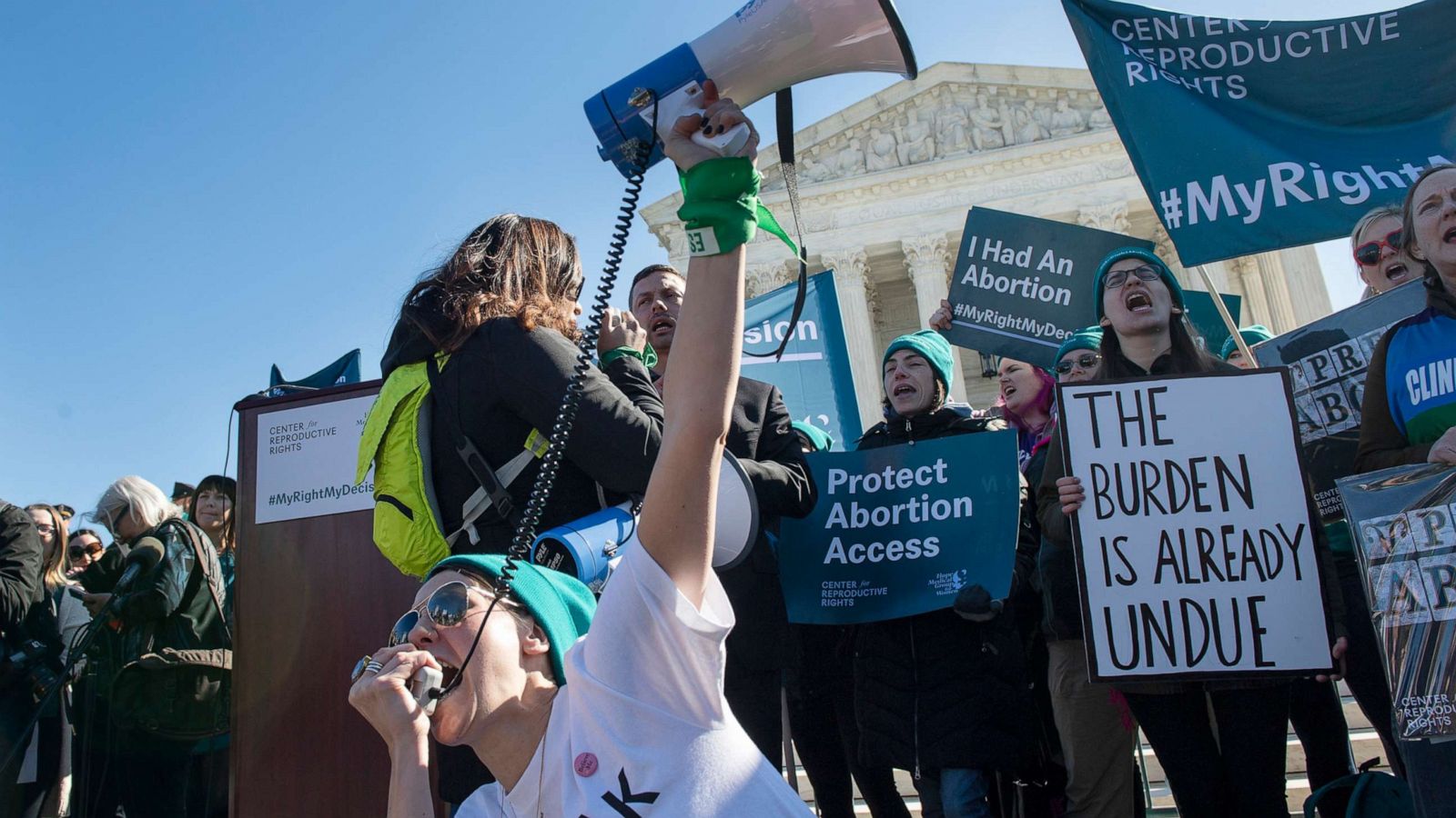 PHOTO: Pro-choice activists protest during a demonstration outside the Supreme Court, in Washington, on March 4, 2020, as the Court hears oral arguments regarding a Louisiana law about abortion access, on March 4, 2020.