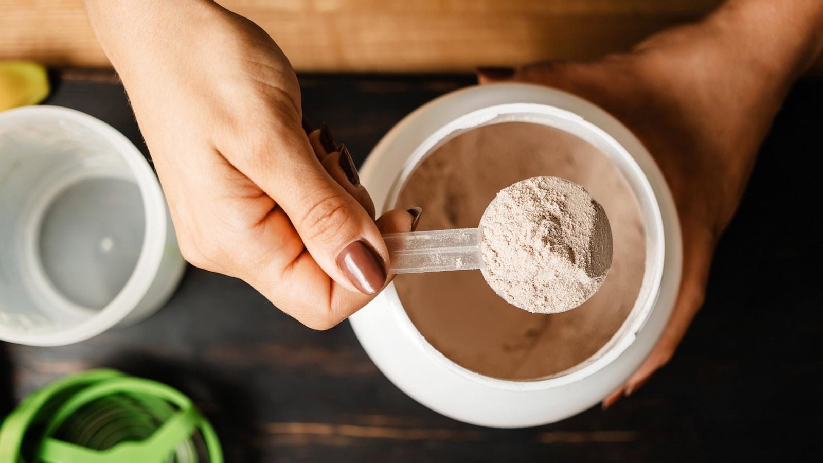 PHOTO: In this undated file photo, a woman scoops a portion of whey protein powder.