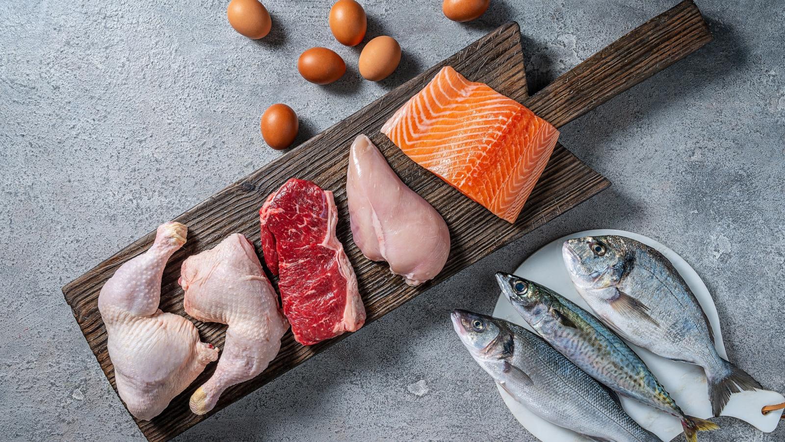 PHOTO: Stock photo of raw protein meats, fish and eggs.