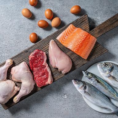 PHOTO: Stock photo of raw protein meats, fish and eggs.