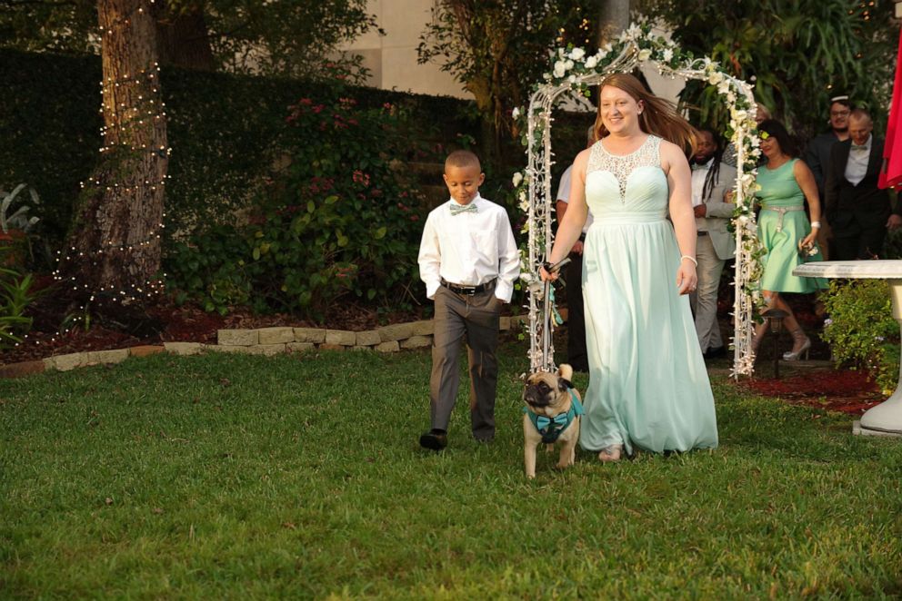 PHOTO: Each of the seven bridesmaids at Michelle Dodds' wedding was accompanied down the aisle with a rescue pug from Pug Rescue of Florida, a non-profit organization for pugs and pug mixes.