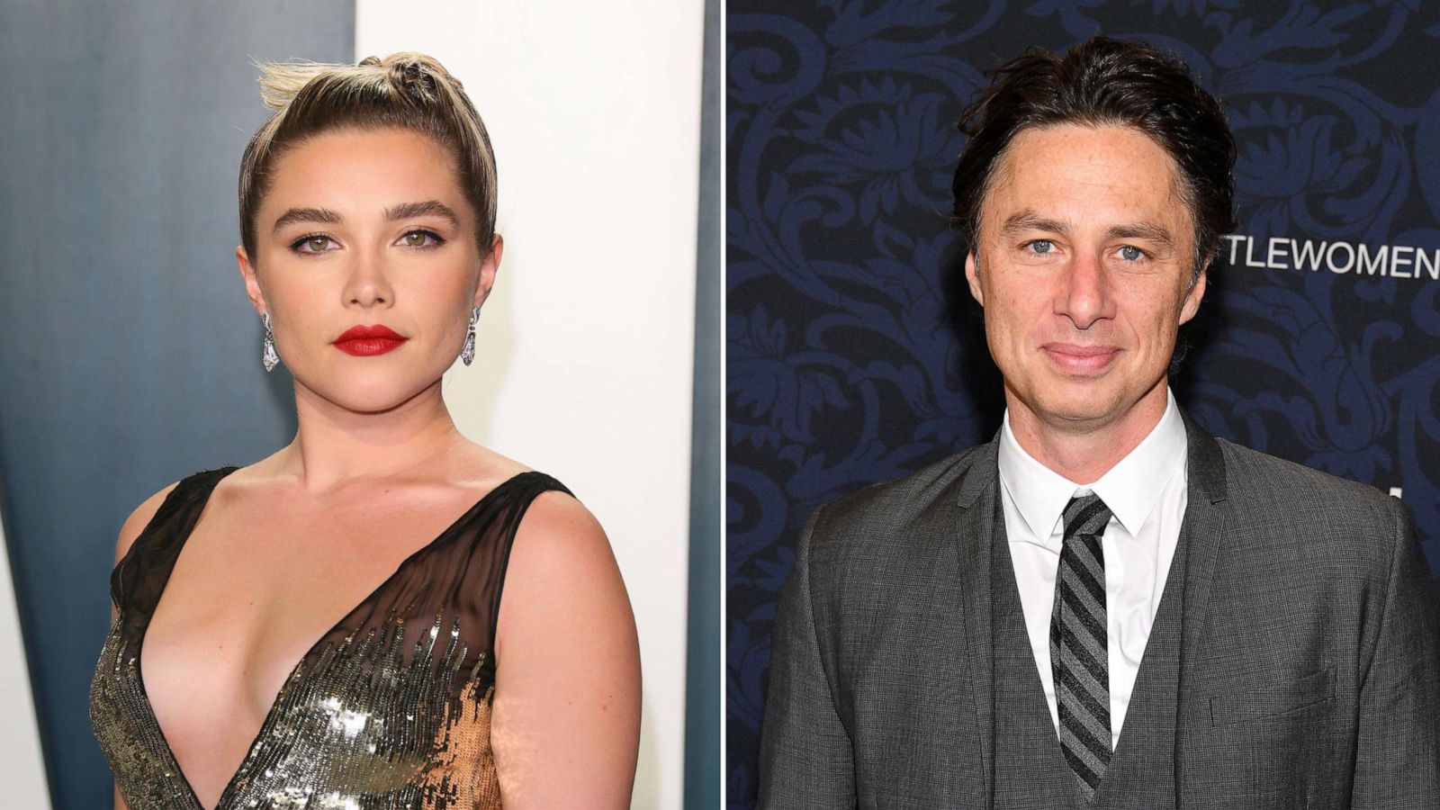 PHOTO: Left: Florence Pugh at the 2020 Vanity Fair Oscar Party in Beverly Hills, Feb. 9, 2020. Right: Zach Braff attends the "Little Women" in New York City, Dec. 07, 2019.