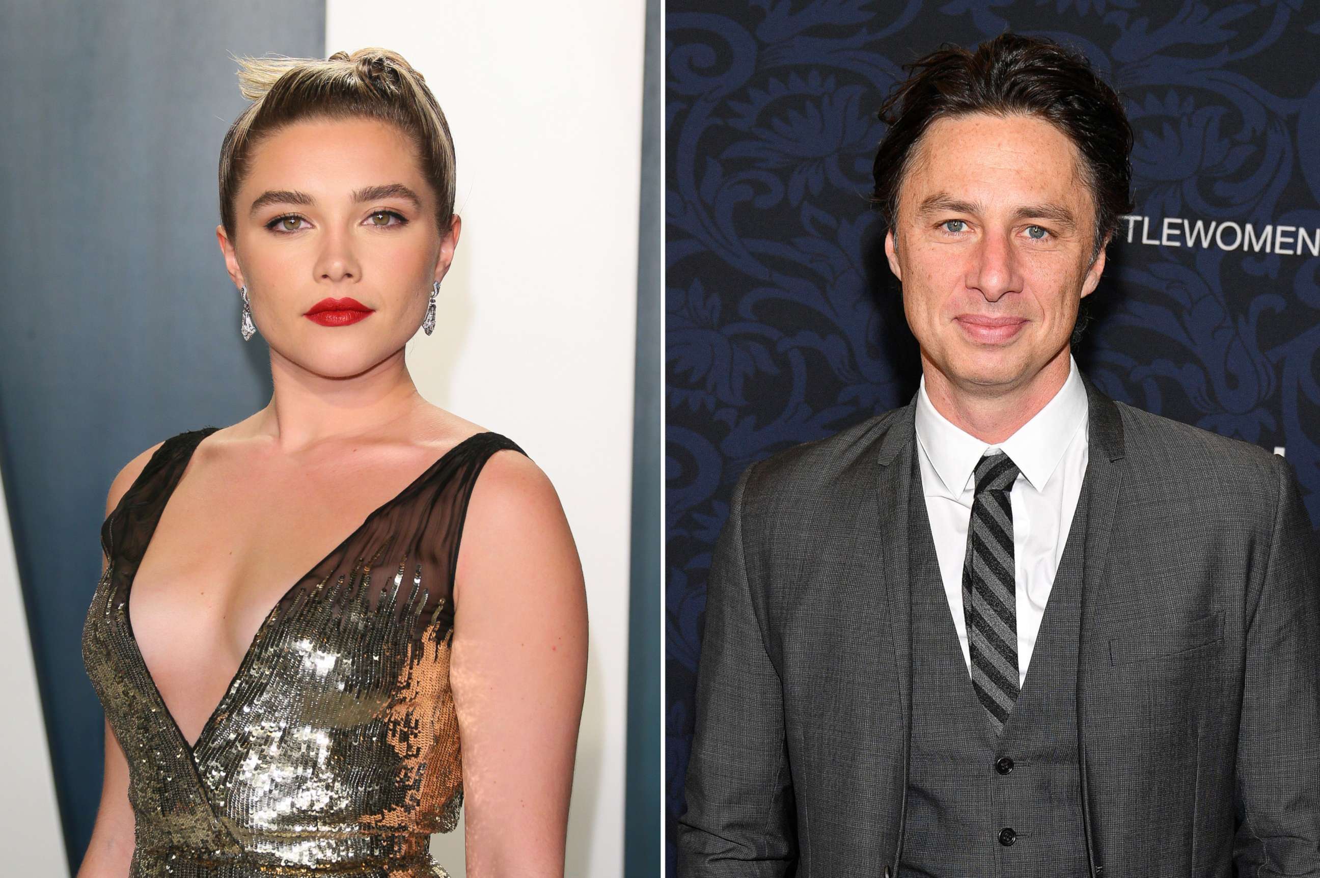 PHOTO: Left: Florence Pugh at the 2020 Vanity Fair Oscar Party in Beverly Hills, Feb. 9, 2020. Right: Zach Braff attends the "Little Women" in New York City, Dec. 07, 2019.