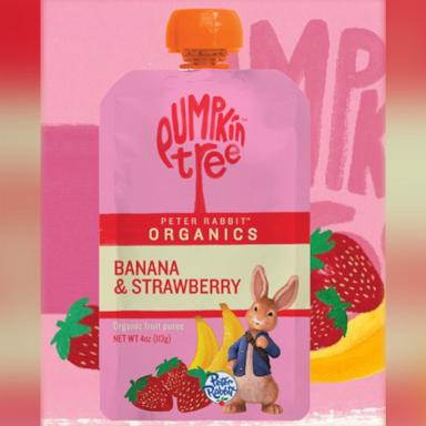 PHOTO: Pumpkin Tree Limited has voluntarily recalled their Pumpkin Tree Peter Rabbit Organics Banana & Strawberry pouches due to potential plastics.