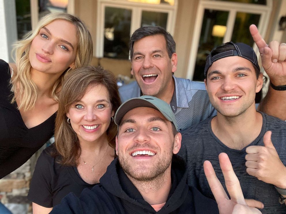 PHOTO: Alex Presley pictured with his twin brother, Zach, his mother, Wendy, his father, Lee, and his girlfriend, Taylor, participate in the 'Quarantine Olympics' on TikTok in Cornelius, North Carolina.