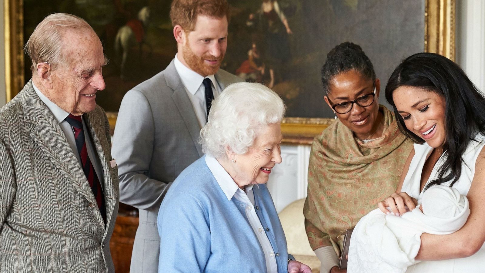 PHOTO: Britain's Queen Elizabeth II is introduced to her new great-grandchild, Archie Harrison Mountbatten-Windsor, while Prince Philip, Prince Harry and Duchess Meghan and Doria Ragland look on, May 8, 2019.