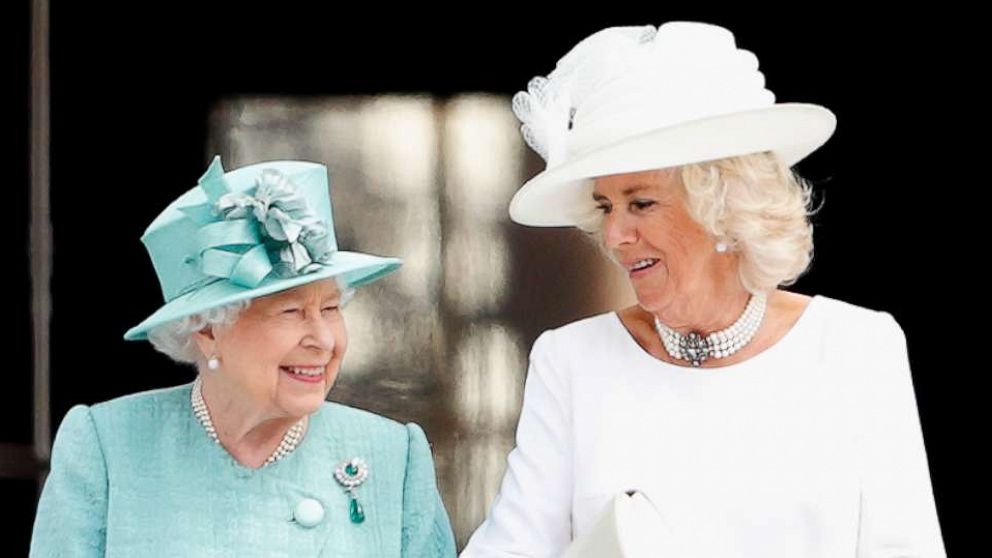 PHOTO: Queen Elizabeth and Camilla, Duchess of Cornwall attend the Ceremonial Welcome in the Buckingham Palace Garden for President Trump during his State Visit, June 3, 2019, in London.