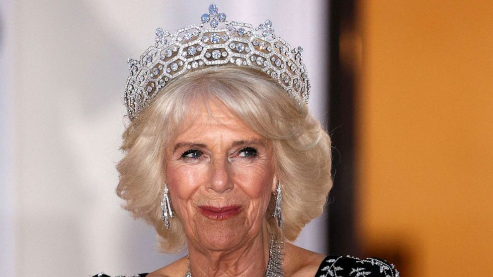 PHOTO: Britain's Camilla, Queen Consort poses as she arrives for a state banquet at the presidential Bellevue Palace in Berlin, on March 29, 2023.