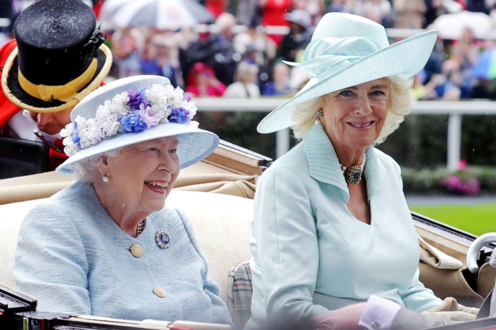 PHOTO: Queen Elizabeth II and Camilla, Duchess of Cornwall arrive in a horse carriage on day two of Royal Ascot at Ascot Racecourse, June 19, 2019, in Ascot, England.