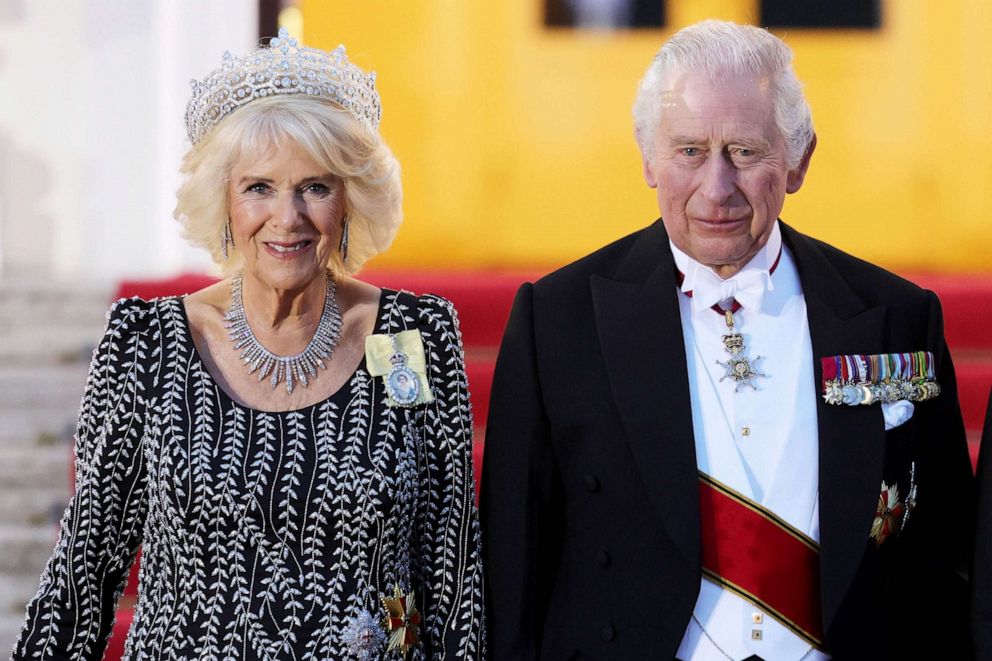 PHOTO: King Charles III and Camilla, Queen Consort arrive at Belleuvue Palace on March 29, 2023, in Berlin.