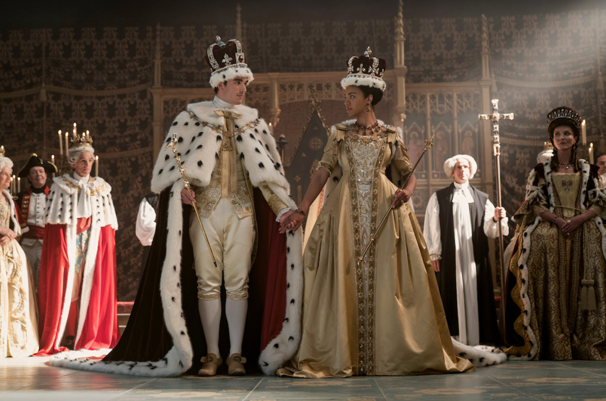 PHOTO: India Ria Amarteifio and Corey Mylchreest are shown in a scene from "Queen Charlotte: A Bridgerton Story."