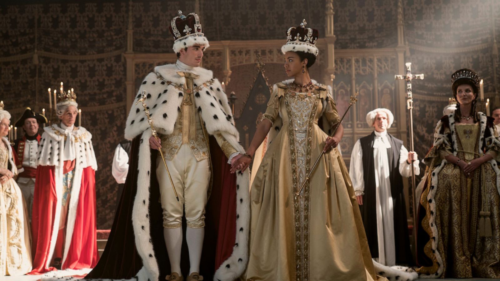 PHOTO: India Ria Amarteifio and Corey Mylchreest are shown in a scene from "Queen Charlotte: A Bridgerton Story."