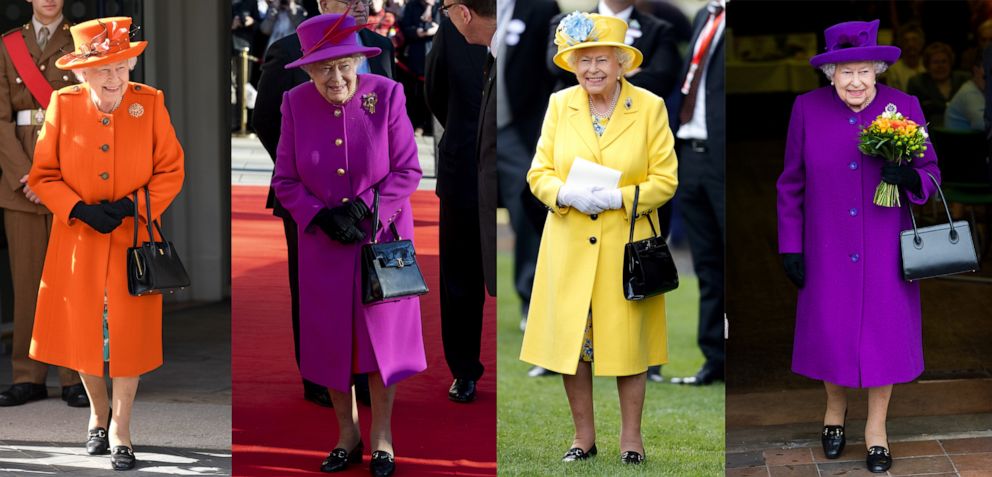 PHOTO: Queen Elizabeth wearing bright colored coats with matching hats in a set of photos at various events in 2018 and 2019.